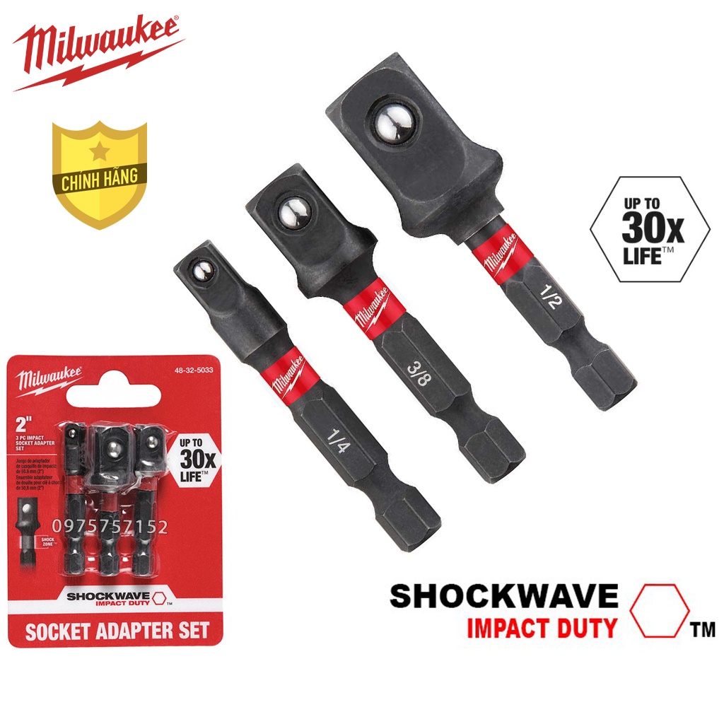 Bộ 3 đầu chuyển từ vít sang vặn khẩu Milwaukee Mỹ, bộ đầu chuyển vặn khẩu chuôi lục giác đầu 1/2 - 3/8 – 1/4 siêu cứng