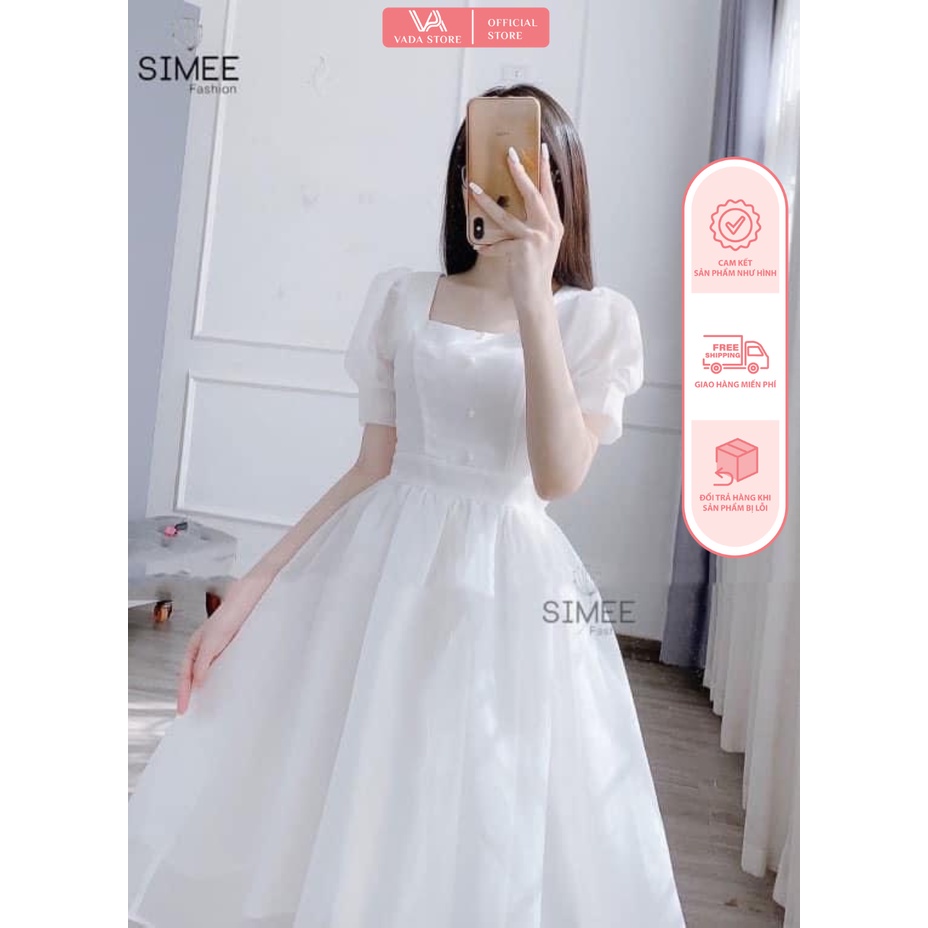 VÁY, ĐẦM công chúa thiết kế tay bồng đính hạt ngọc kèm nơ sau chất lụa mềm sang trọng quý phái đi dự tiệc .