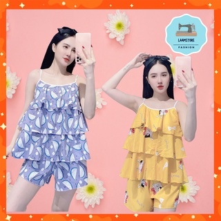 Đồ bộ nữ mặc nhà, đồ bộ đùi lụa hàn 2 dây bèo 3 tầng siêu kute