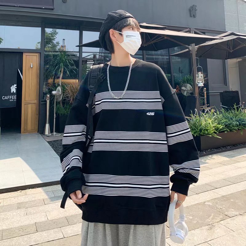 Áo thun tay dài dáng rộng họa tiết kẻ sọc màu sắc thời trang cho nam