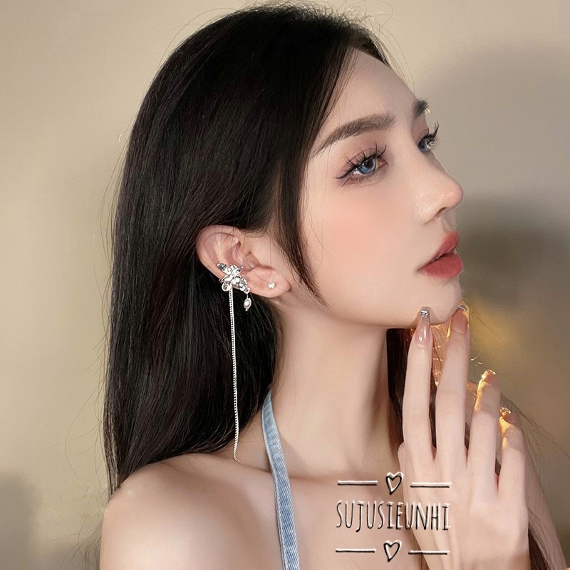 (không xỏ) khuyên tai hình bướm 3 cánh tua dài kẹp vành màu bạc đính ngọc nhân tạo