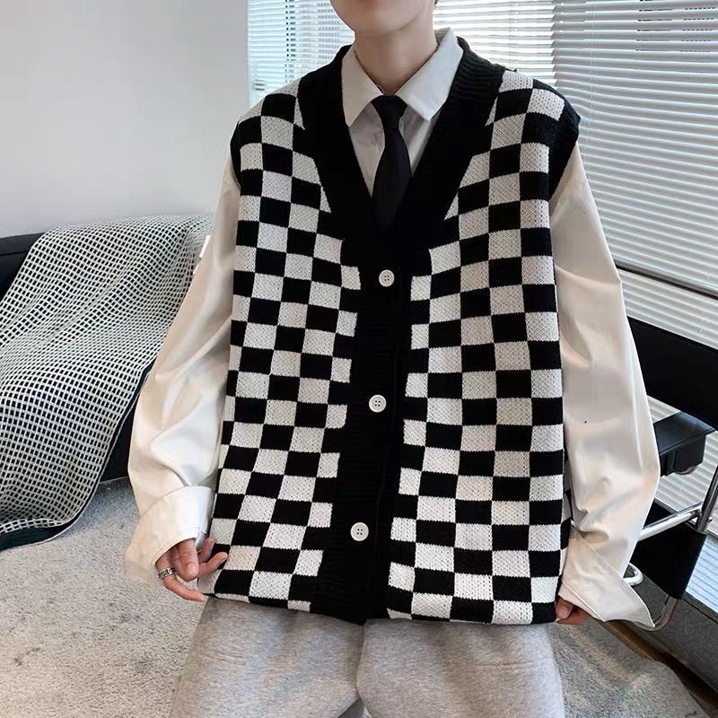 Áo gile kẻ caro vintage, áo không tay len co dãn, có bigsize phong cách softboy, gi-lê nam nữ