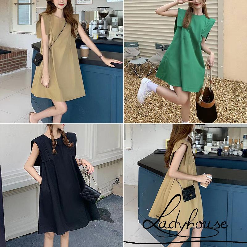Đầm sát nách cổ tròn dáng rộng màu trơn thời trang xuân hè cho nữ