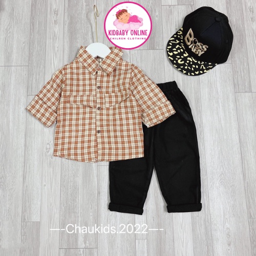 Bộ sơ mi quần kaki cho bé trai từ 1-5 tuổi- Set sơ mi cho bé trai - Bộ quần áo bé trai đi chơi Kidbabyonline K142