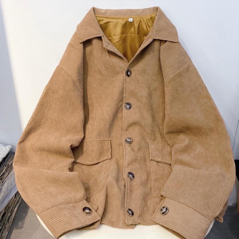 (CÓ SẴN) Áo khoác nút 2 lớp nhung gân lót dù nâu đen Form Rộng unisex (nam nữ mặc được)