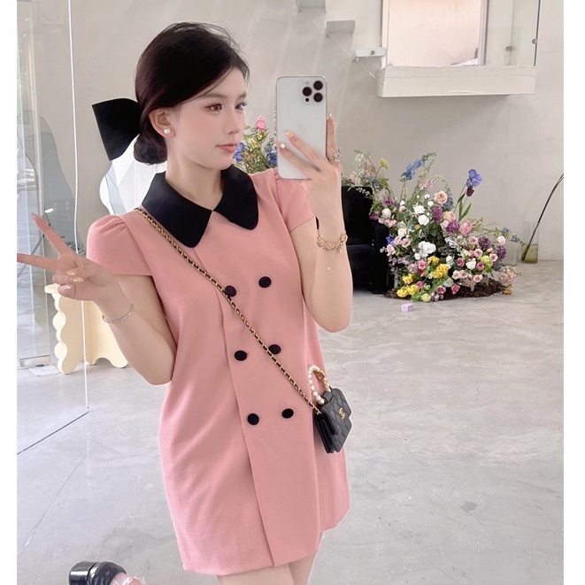 Đầm Nữ Ngắn Tay Ôm Dáng Hai Hàng Nút Cài Màu Sắc Tương Phản Phong Cách Pháp