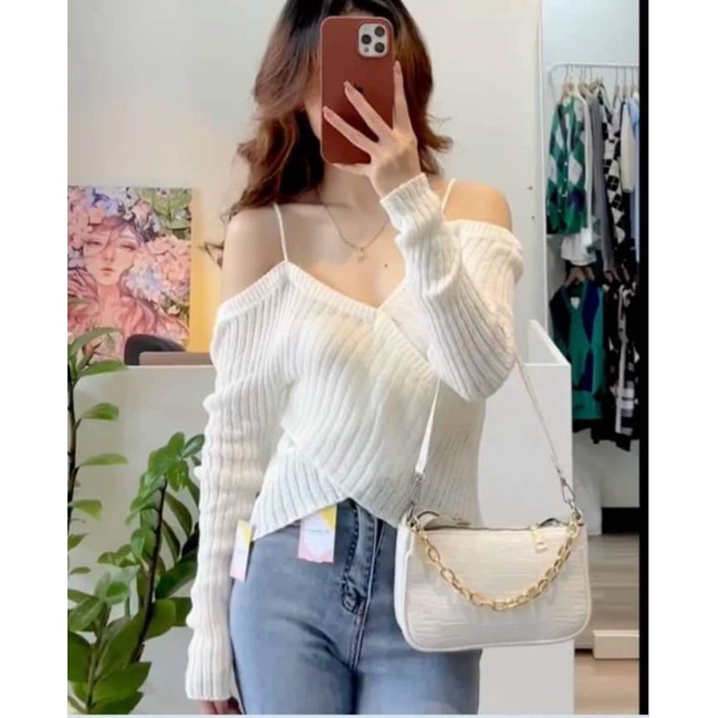 Áo len chéo vạt trễ vai hàng QC