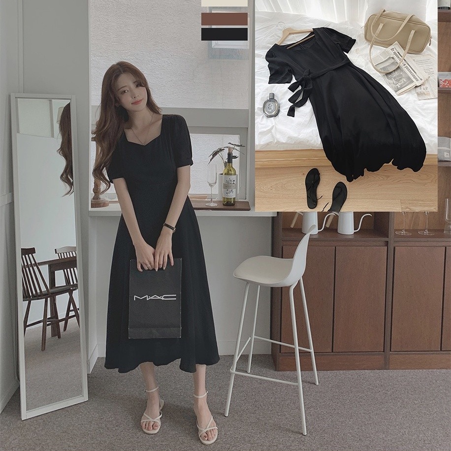 Đầm maxi SUXI tay ngắn cổ chữ V màu sắc đơn giản phong cách vintage