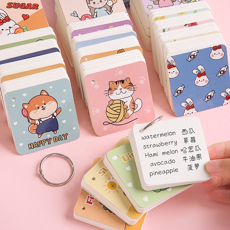 Set 80 tấm thẻ ghi chú kèm nhẫn họa tiết hoạt hình sáng tạo