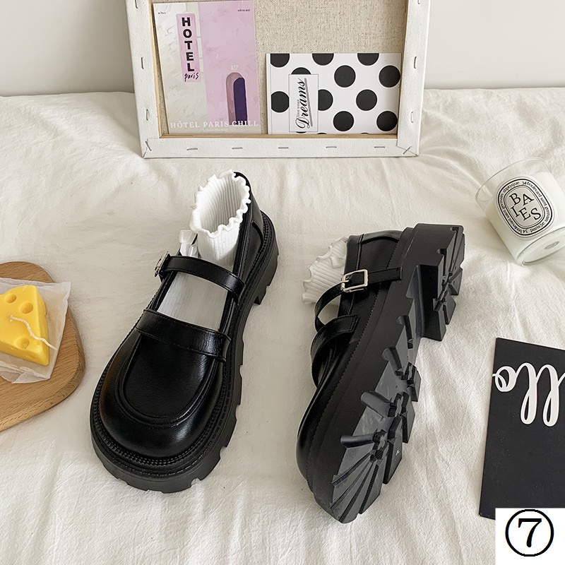 Giày Cao Gót Mũi Tròn Chất Liệu Da Phong Cách Retro Nhật Bản