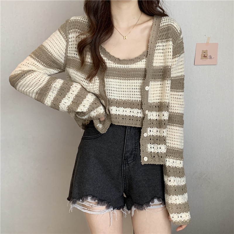 Nguyên Set áo Len Cardigan kèm 2 dây mùa thu Dệt Kim Dáng Ngắn Họa Tiết Kẻ Sọc Thời Trang Xuân Thu 2022 Phong Cách Hàn Quốc Cho Nữ