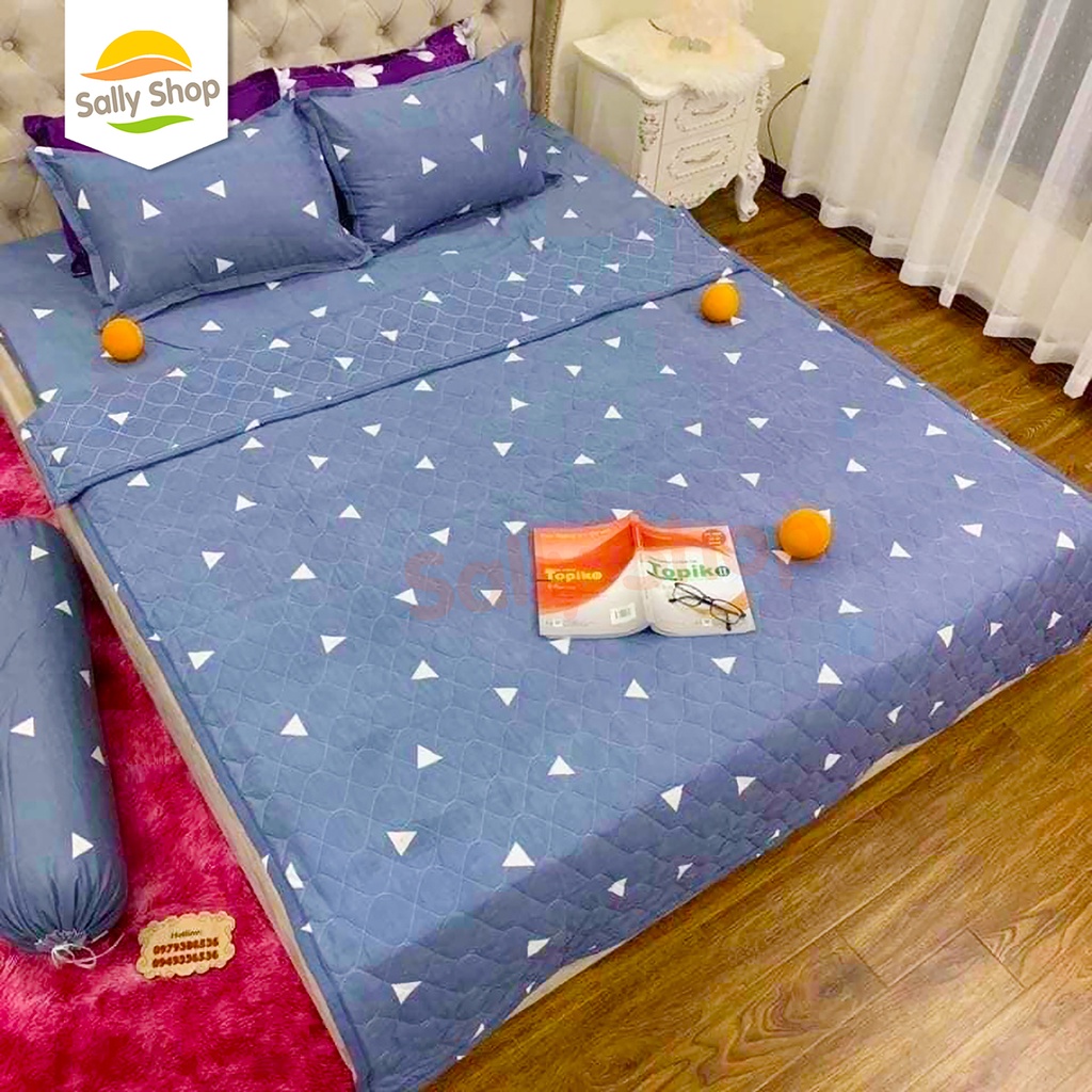 Trọn Bộ Chăn Hè Trần Bông Kèm Ga Áo Gối Nằm Cotton Poly Mẫu TAM GIÁC GHI