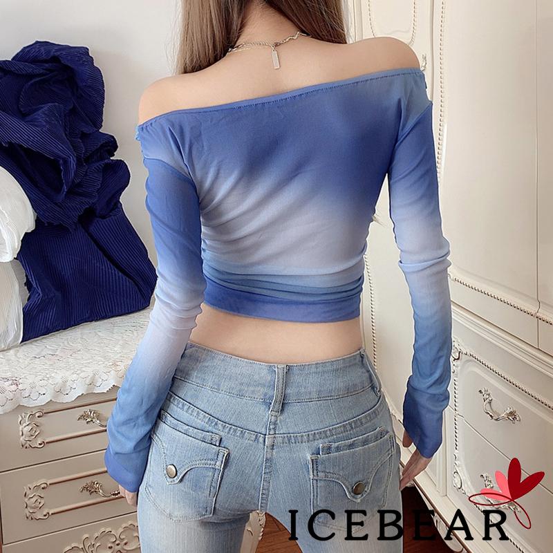 Áo Thun Tay Dài Hở Vai Phối Lưới Họa Tiết Màu Nhuộm Phong Cách Đường Phố Cho Nữ