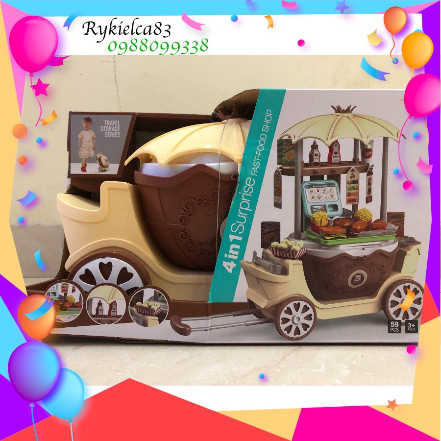 Bộ đồ chơi xe đẩy,vali kéo đầu bếp,bán hàng ăn nhanh lưu động thông minh màu vàng nâu cho bé trai, gái bằng nhựa hộp to