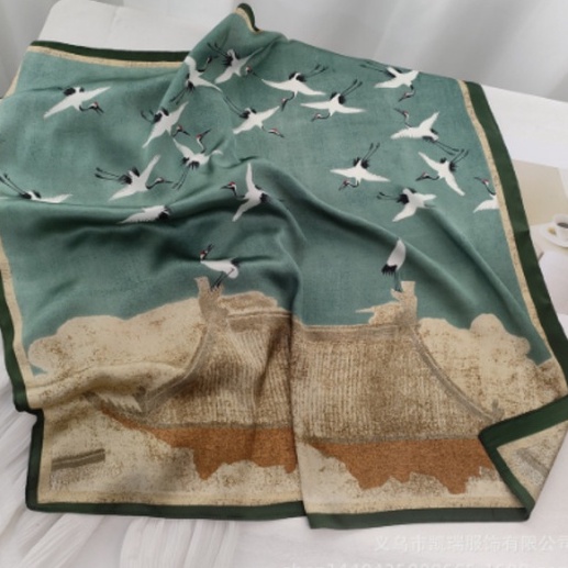 khăn lụa vuông họa tiết -HẠC TRẮNG NỀN XANH-choàng cổ cao cấp 70x70cm Khăn bandana lụa ThyThy, áo