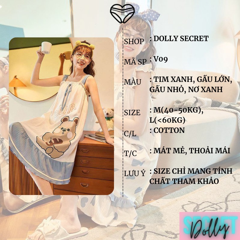 Váy ngủ 2 dây nhiều họa tiết hoạt hình đáng yêu mặc nhà cotton mịn mát cho nữ DOLLYSECRET V09