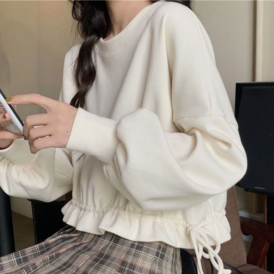 Áo kiểu dài tay dáng rộng phối dây rút xinh xắn theo phong cách hàn quốc
