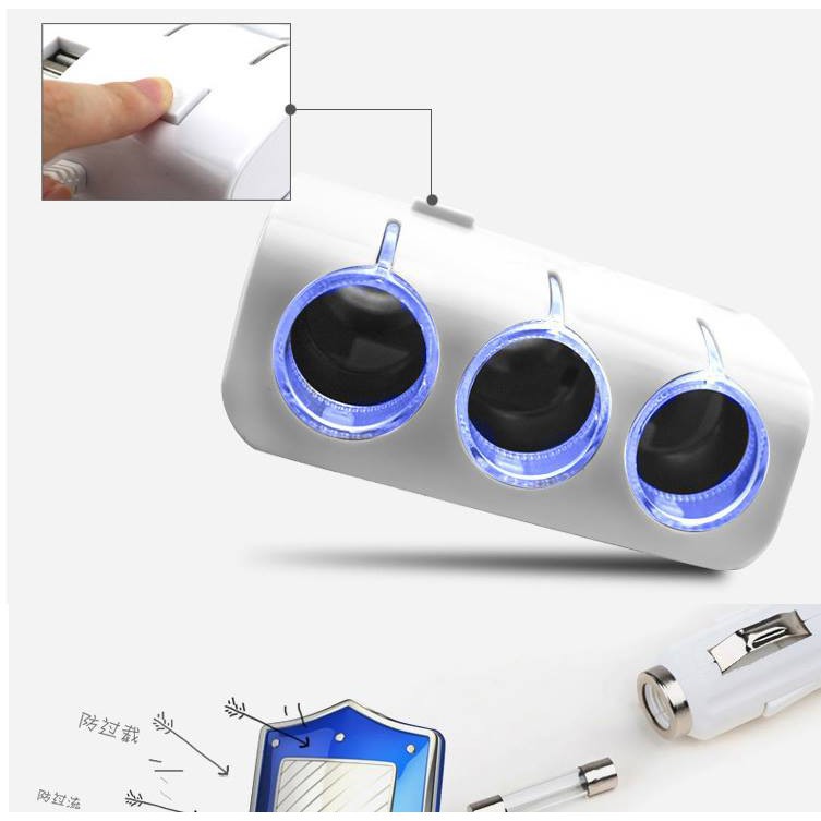 Bộ chia tẩu trên ô tô 3 tẩu 2 cổng USB Olesson- Đen/Trắng