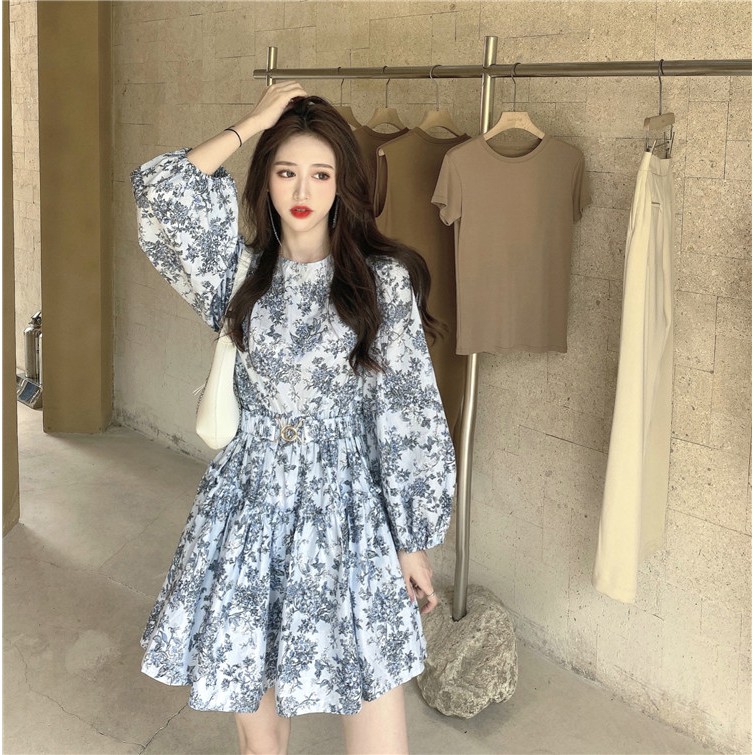 [HÀNG ORDER] Có ảnh thật. Váy hoa cổ tròn tay bồng hàng Quảng Châu, đầm hoa xanh dáng xoè kèm belt | BigBuy360 - bigbuy360.vn