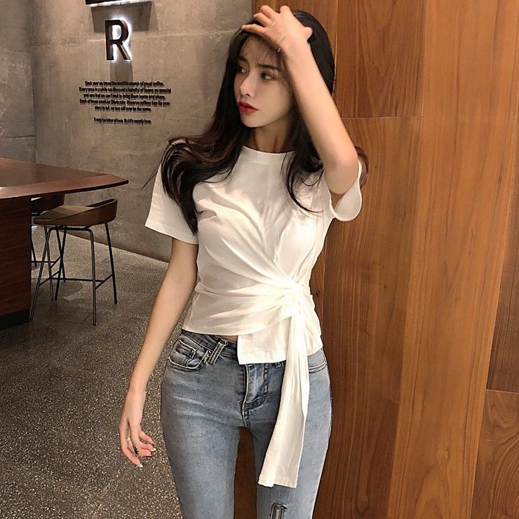 AMOI Áo Thun Tay Ngắn Màu Trắng Phong Cách Hàn Quốc Thời Trang Cho Nữ