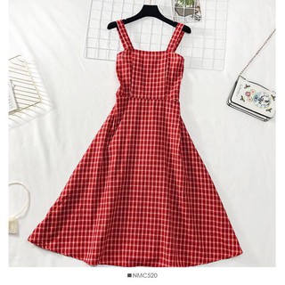 Hot Váy Kẻ 2 Dây Nhún Ngực Vintage ❤️freeship ❤️ ảnh thật Freeship