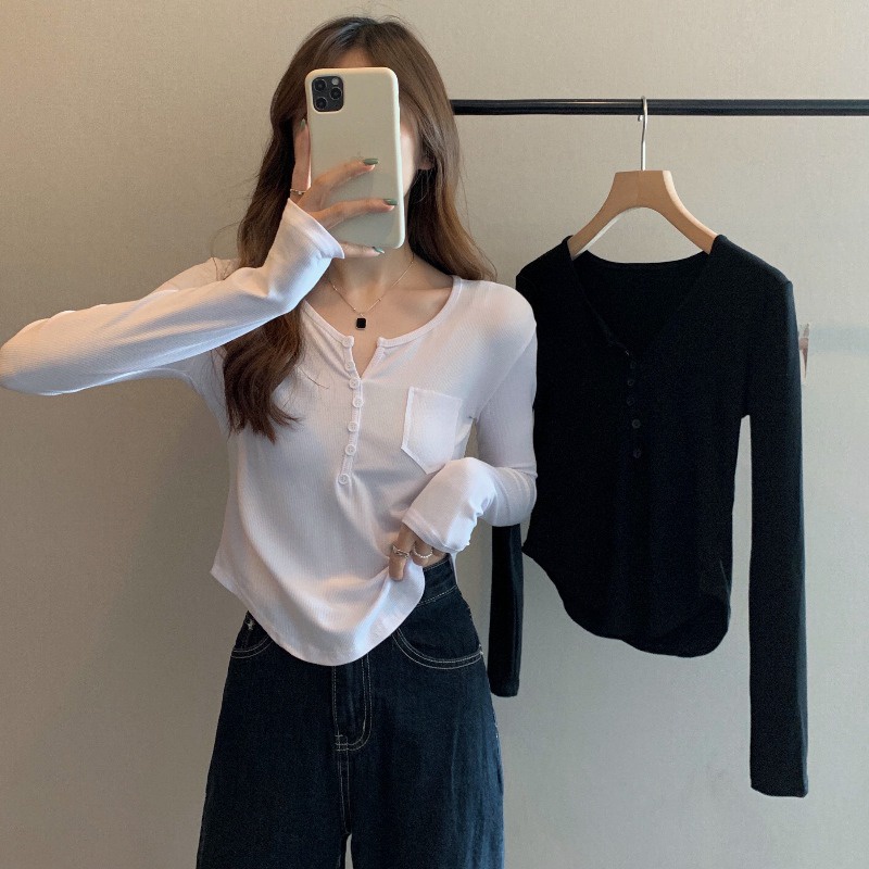 Áo Thun Ngắn Dáng Ôm Cài Nút Thời Trang Mùa Thu Mới Cho Nữ