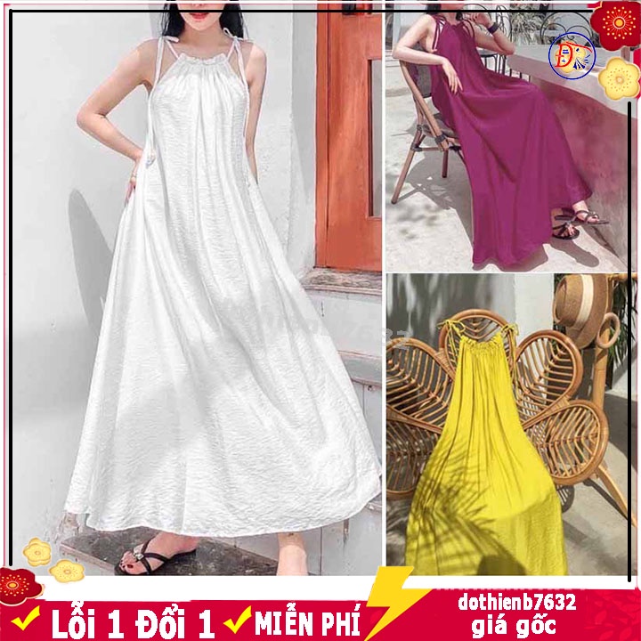 ⚡️ ĐŨI CAO CẤP ⚡️ Đầm Maxi cổ yếm buộc nơ dưới 65kg dự tiệt du lịch mặc nhà đi chơi đều phù hợp S0