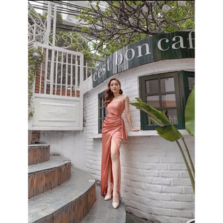 Đầm dạ hội kiểu 2 dây cúp ngực xẻ tà nơ eo sang trọng