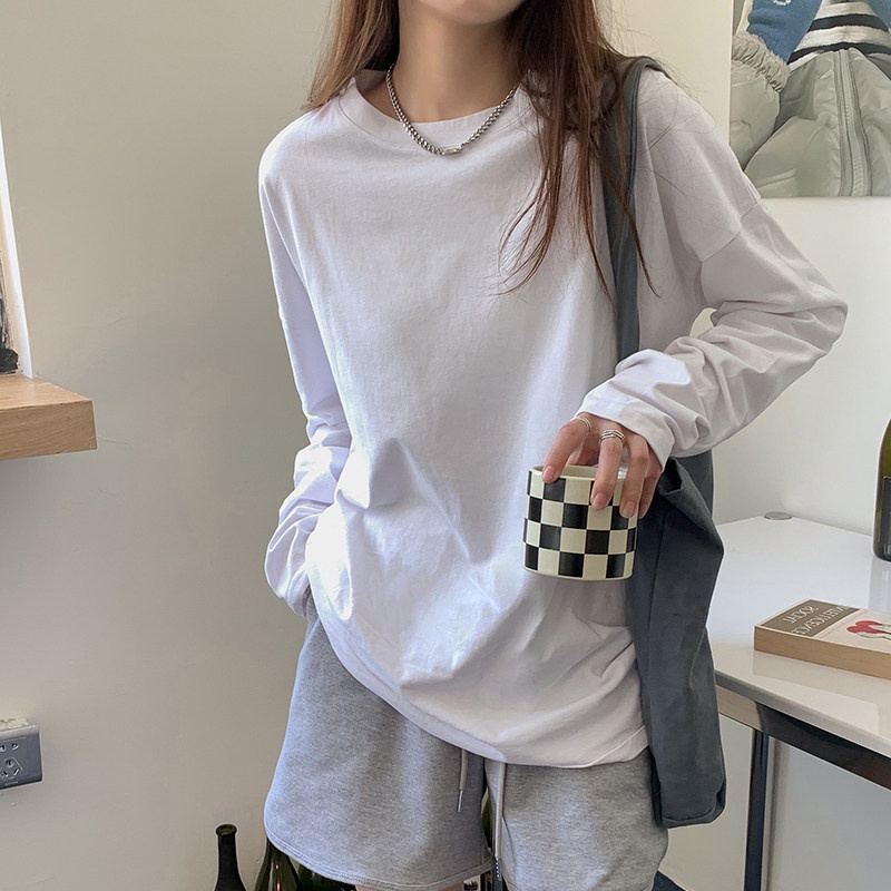 SUXI Áo Thun Nữ Dài Tay Cổ Tròn Màu Sắc Thanh Lịch