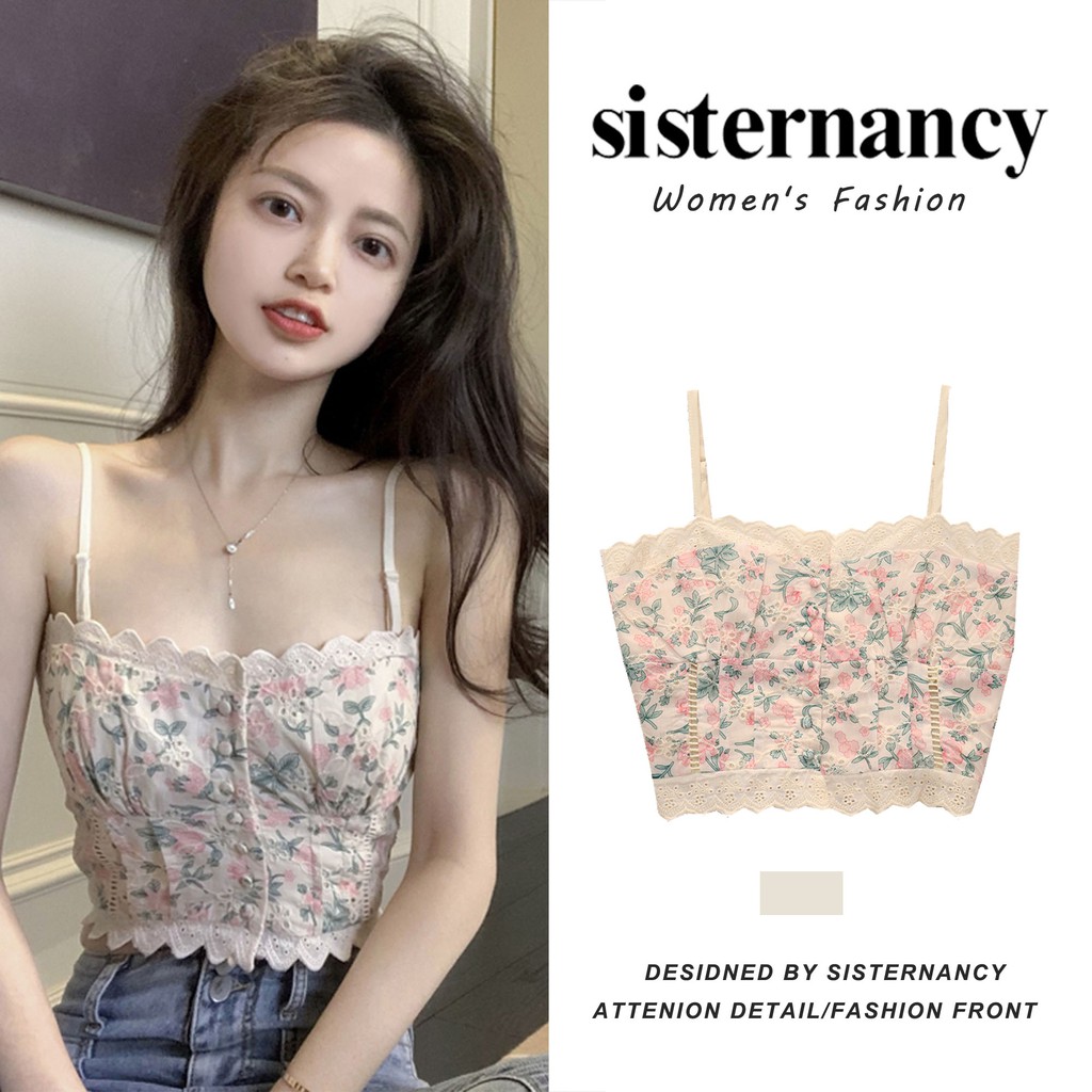 Áo hai dây COZOK phối ren hoa phong cách vintage