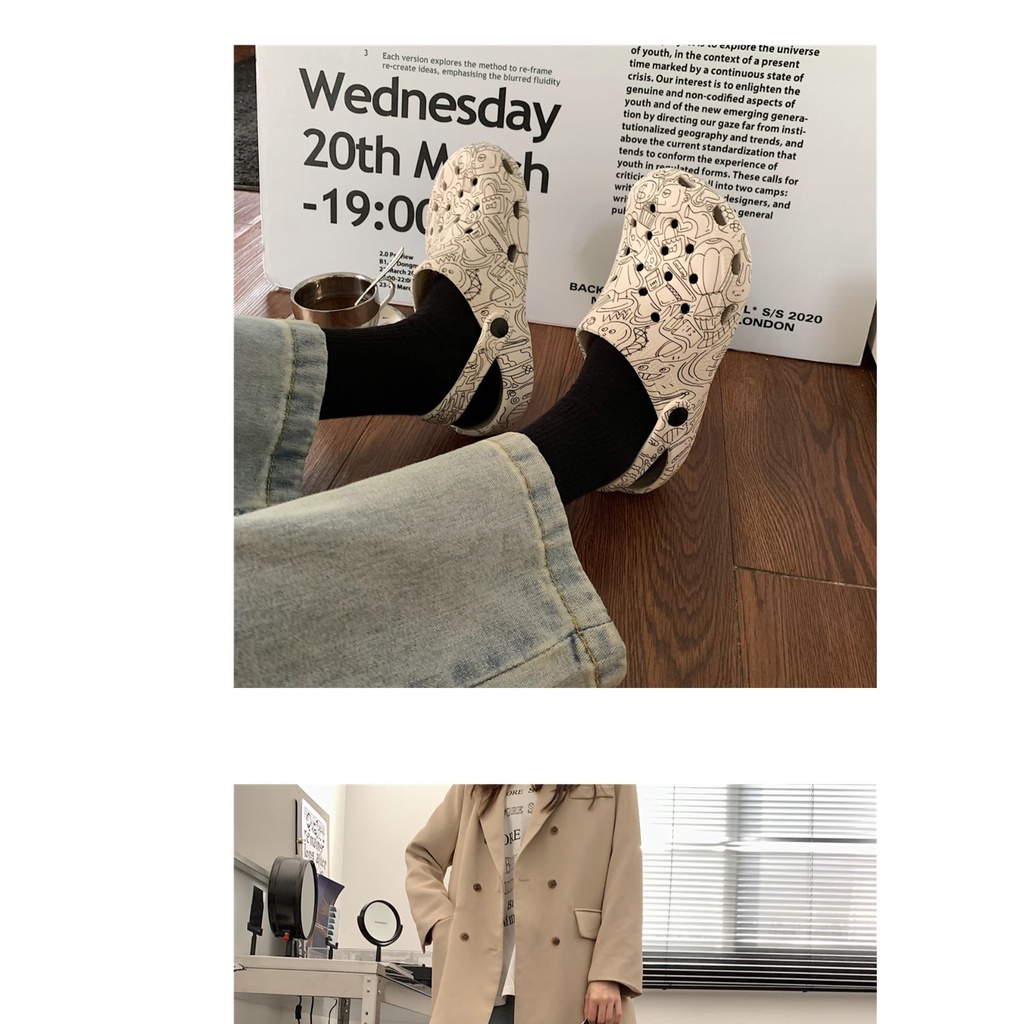 Giày Y Tá Đục Lỗ Đế Dày In Họa Tiết Hoạt Hình Graffiti Dễ Thương Cho Nữ