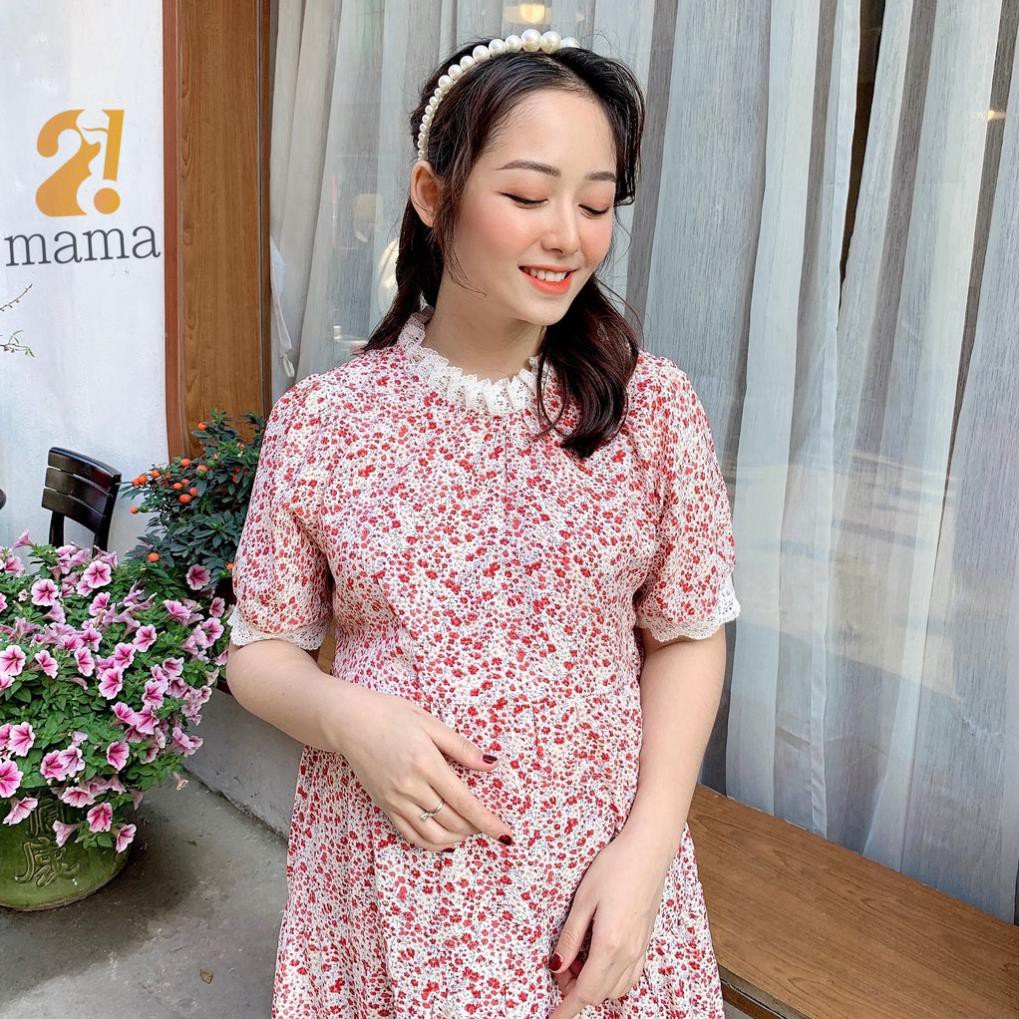 [BÁN SỈ] Váy bầu 2MAMA họa tiết hoa nhí pha ren dáng đuôi cá ba tầng / đầm bầu sang chảnh V08 👗 *