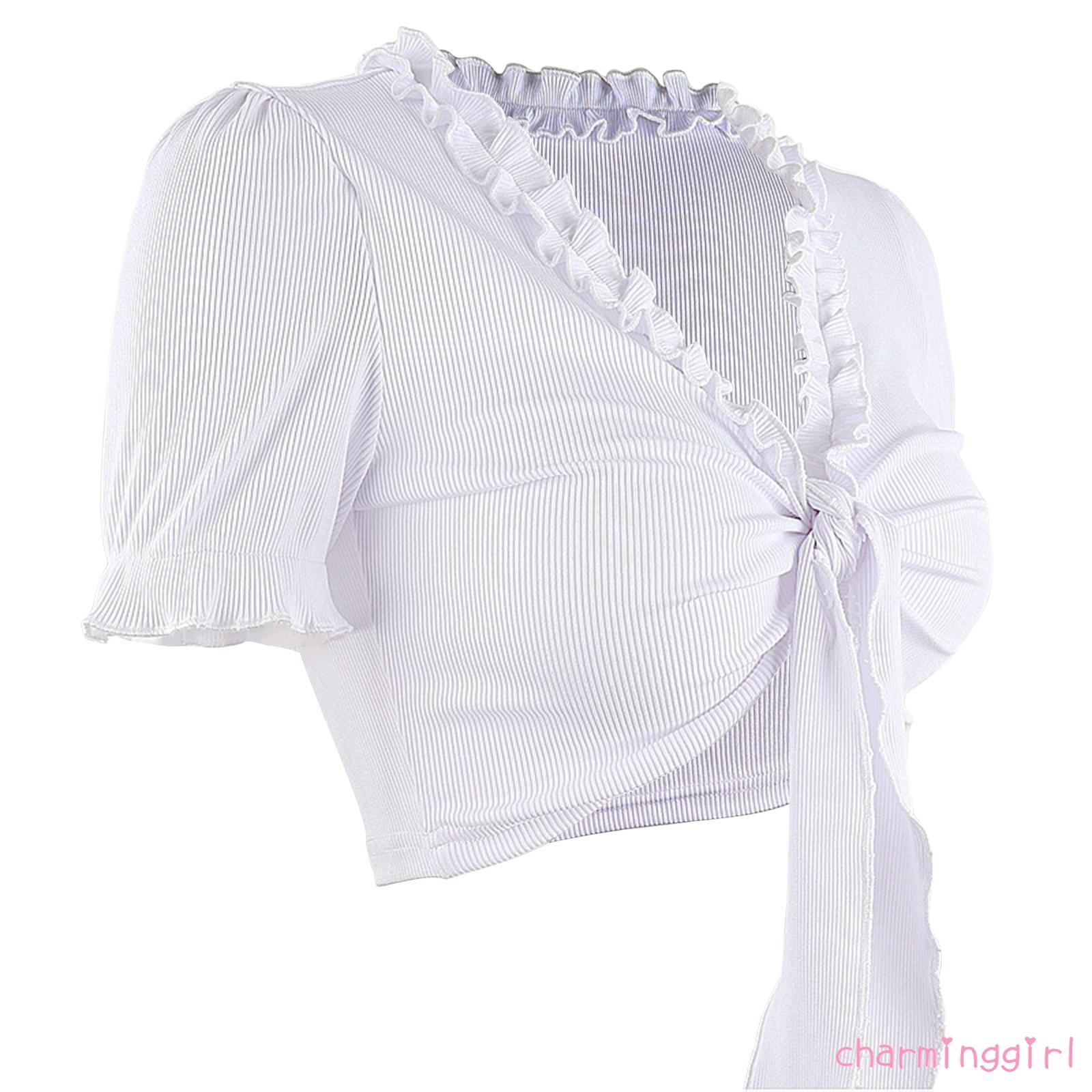 Áo thun croptop tay ngắn cổ chữ V sâu gợi cảm cột dây phía trước màu trơn dành cho bạn nữ | BigBuy360 - bigbuy360.vn