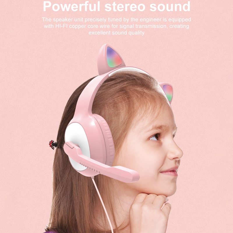Tai Nghe Có Dây Hình Tai Mèo Dễ Thương Có Đèn LED Và Mic Điều Khiển Được Làm Quà Tặng Cho Bé Gái