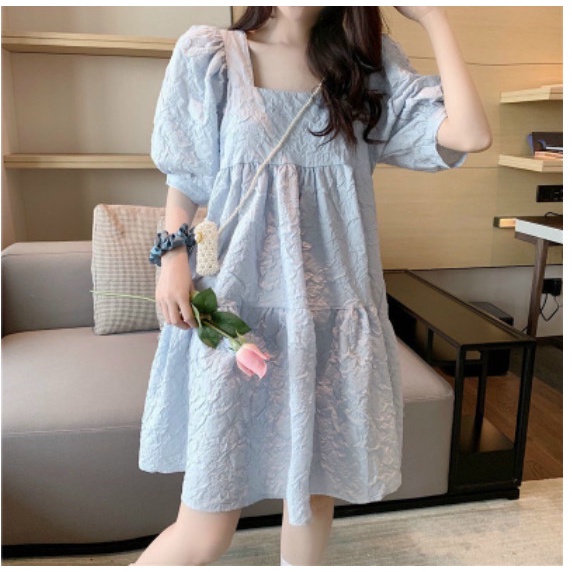 Váy babydoll Cổ Vuông Tay Bồng Chất Đũi Xốp tay bồng siêu xinh form rộng