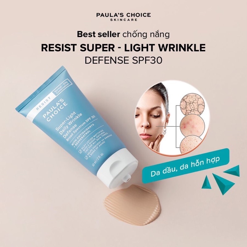 [CHÍNH HÃNG] Kem ngày mềm mịn, chống nắng phổ rộng Paula's Choice Resist Super Light Daily Wrinkle Defence