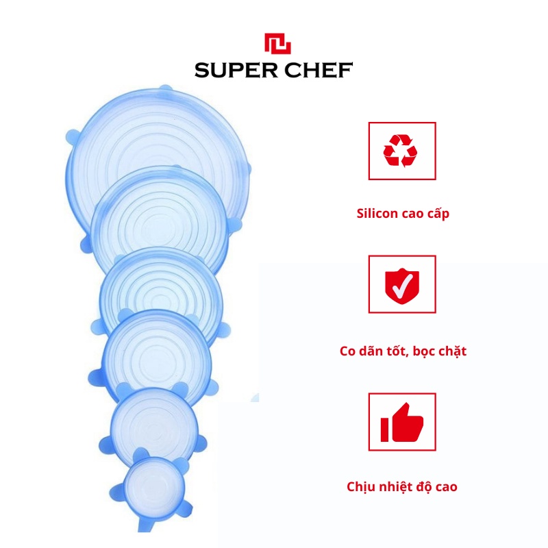 Bộ Nắp Silicon Super Chef Thay Thế Màng Bọc Thực Phẩm Siêu Tiện Lợi 