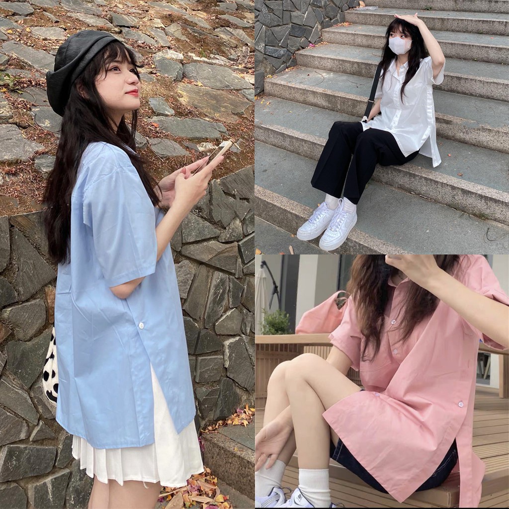 Áo sơ mi nữ tay ngắn form rộng form rộng xẻ vạt khuy sườn, áo sơ mi nữ cộc tay xẻ tà nút sườn form rộng Ulzzang