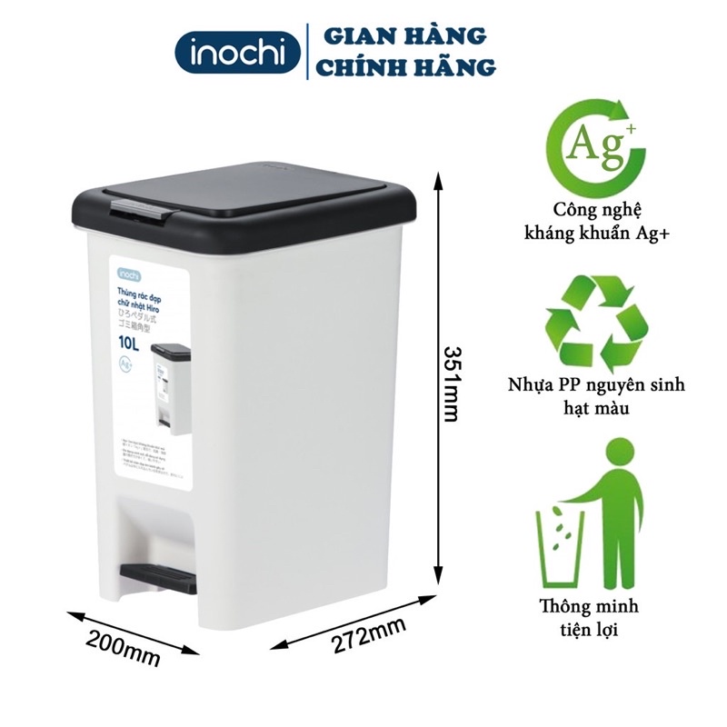 Thùng rác thông minh đạp chữ nhật Hiro 10L - 15L - 20L - 30L chính hãng Inochi