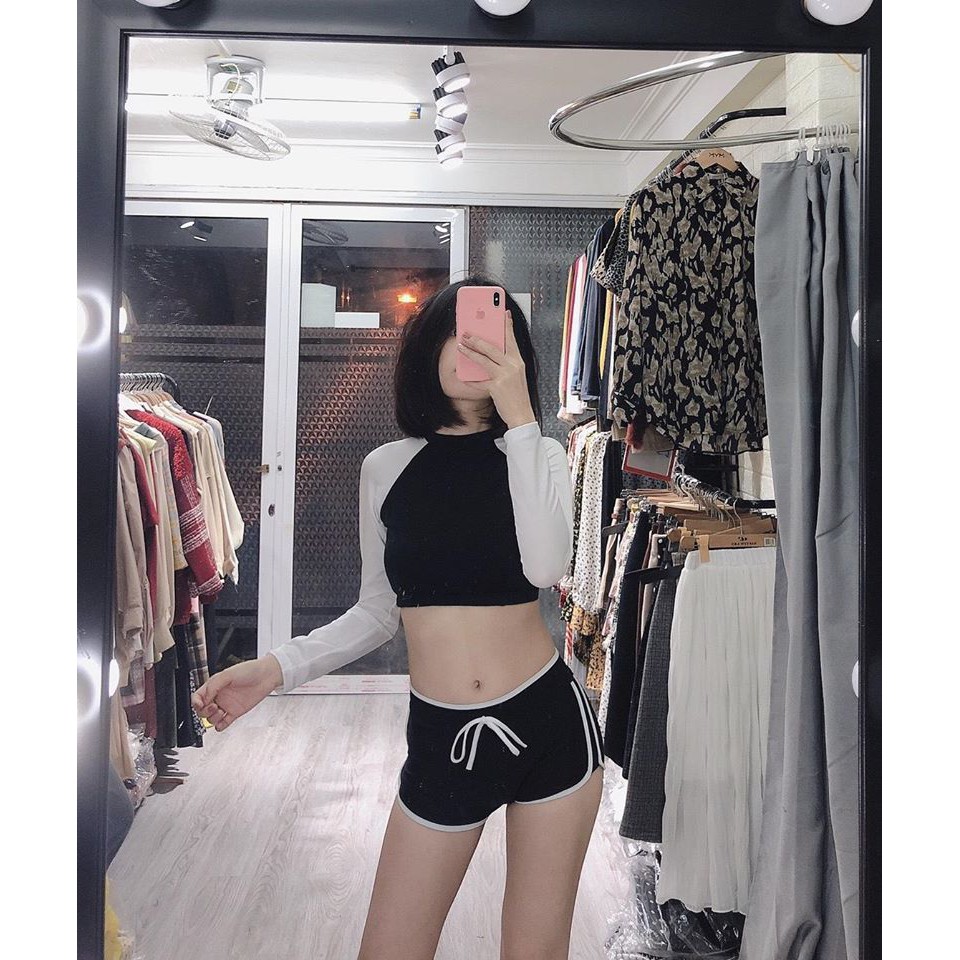 Bikini hai mảnh dài tay đen trắng mặc đi biển đi bơi chống nắng