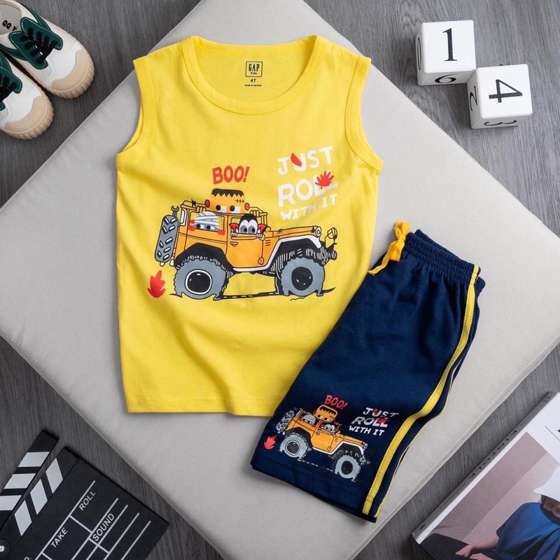 Bộ sát nách balo thun cotton GAP Kids bé trai 2-7T họa tiết người nhện xe khủng long