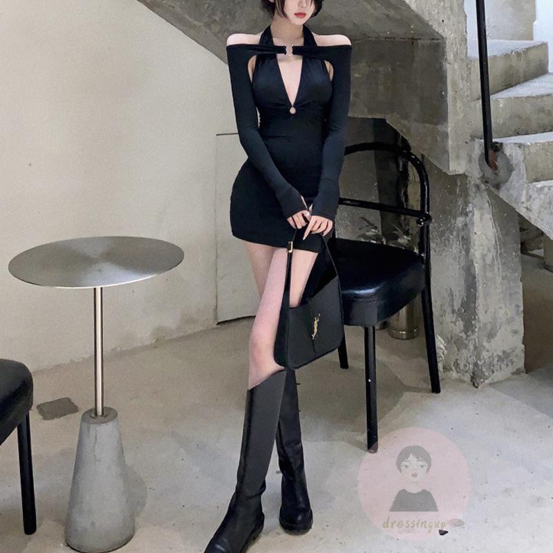 Đầm Ngắn Ôm Dáng Cổ V Hở Lưng Tay Dài Màu Trơn Có Dây Cột Dành Cho Bạn Nữ Mặc Vào Mùa Hè