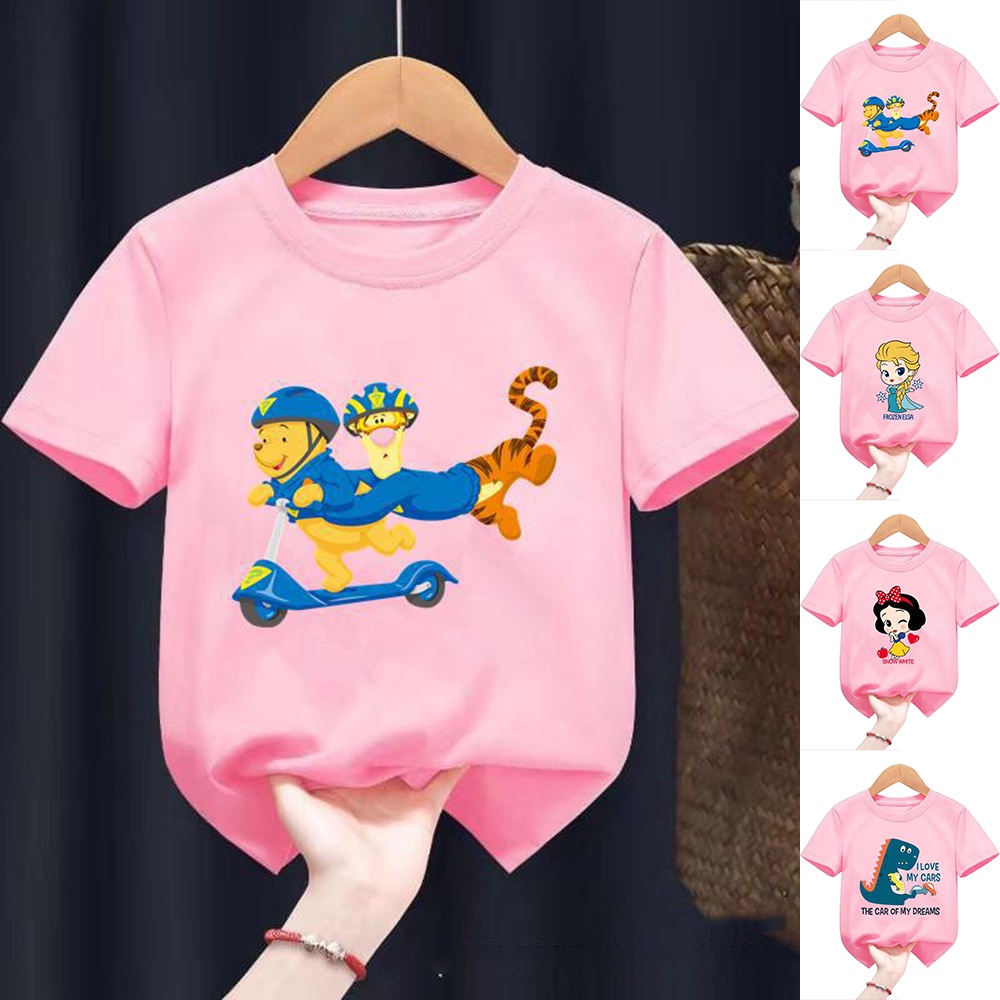 Áo thun cotton pha cổ tròn tay ngắn thoáng khí mùa hè cho bé gái