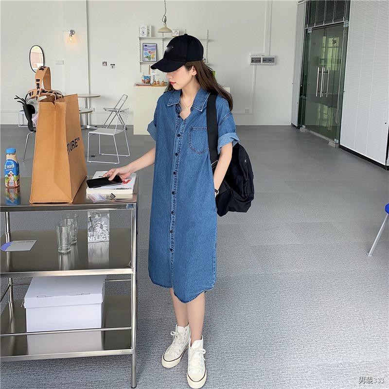 Áo sơ mi denim ngắn tay retro váy nữ thiết kế cảm giác thích hợp mùa hè cardigan dáng dài lỏng lẻo giữa trong