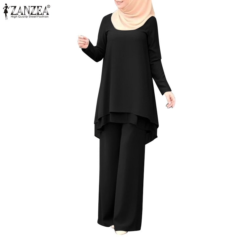 Bộ đồ Hồi Giáo ZANZEA dáng suông lưng thun hai lớp viền ren không đều cho nữ