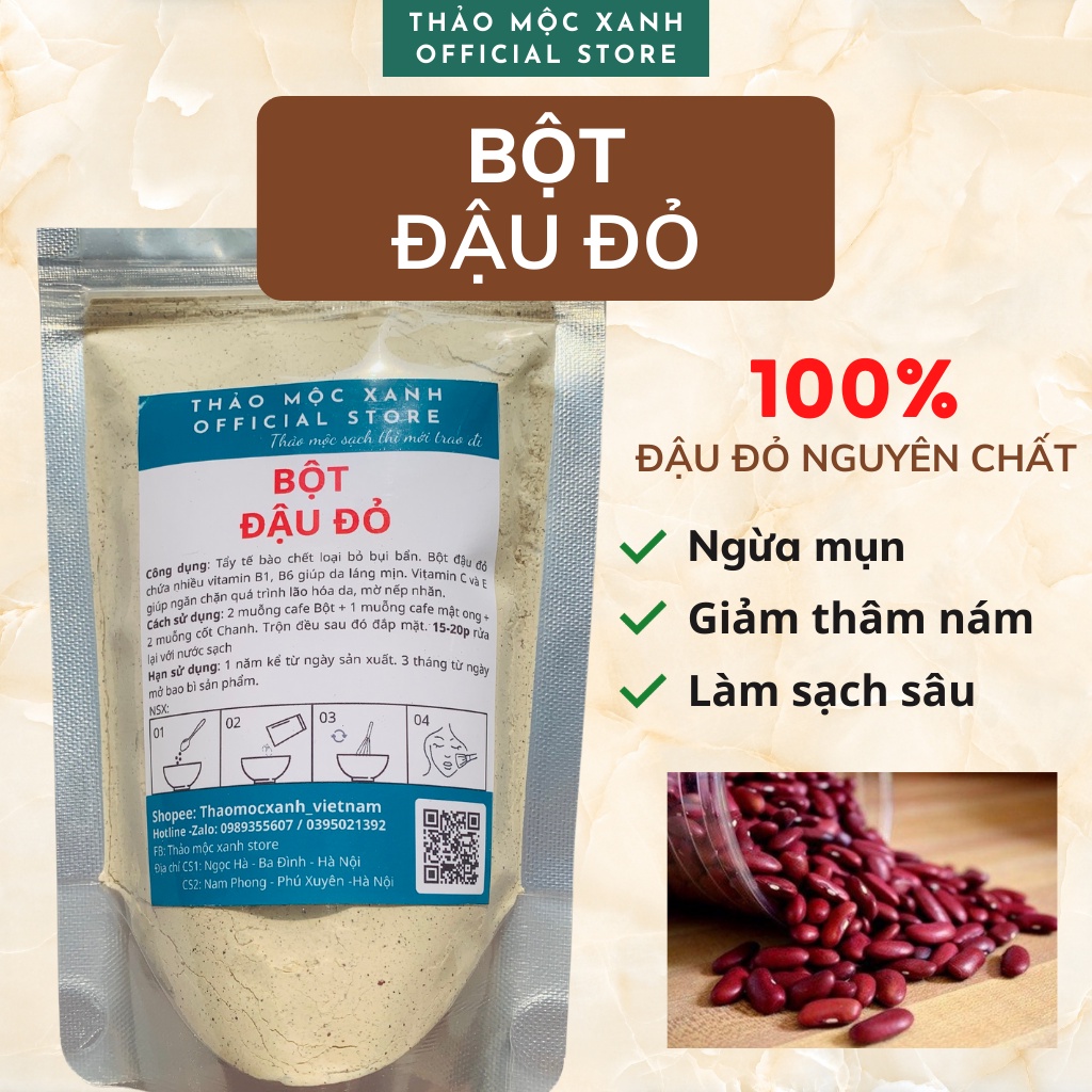 Bột Đậu Đỏ nguyên chất sạch mịn 100% Organic, bột đắp mặt tẩy tế bào chết, bột handmade - Thảo Mộc Xanh Official Store