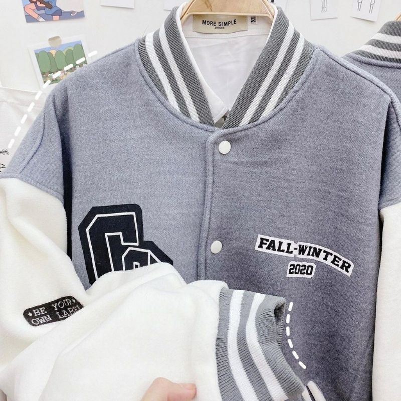 Áo Khoác Bomber CS chất nỉ da cá tàu dầy đẹp mịn ko xù màu tàn phối trắngUnisex form &lt;65kg thu đông giữ nhiệt