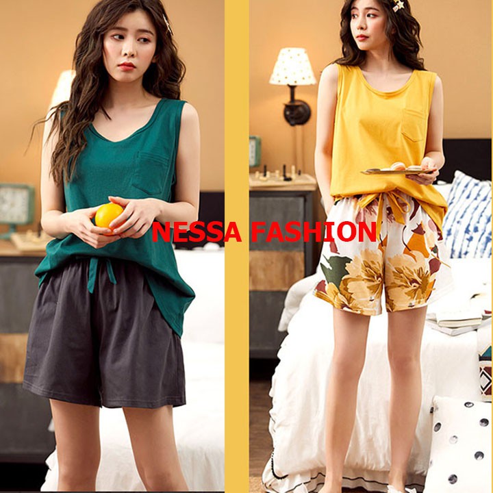 Bộ Đồ Ngủ Nữ Quần Áo Ba Lỗ Vải Cotton Mặc Ở Nhà Và Đi Chơi Mùa Hè Xinh Cộc Tay Thắt Nơ - Dáng Hàn Quốc BĐN25 | BigBuy360 - bigbuy360.vn
