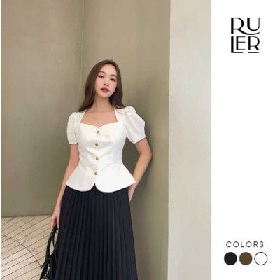 Áo cộc tay tay bồng Peplum chất vải chéo Ý THE RULER