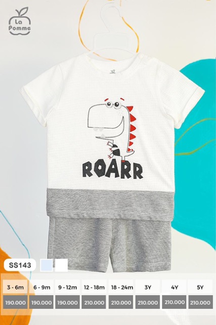 SS143 bộ cộc La Pomme khủng long ROARR (2 mầu xanh và trắng ghi)